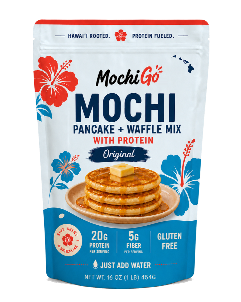 MochiGo Original mochi pancake and waffle mix with protein pouch.