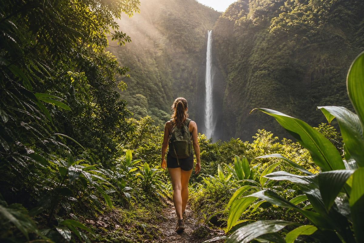Hiker approaching a lush waterfall on a Hawai‘i trail.