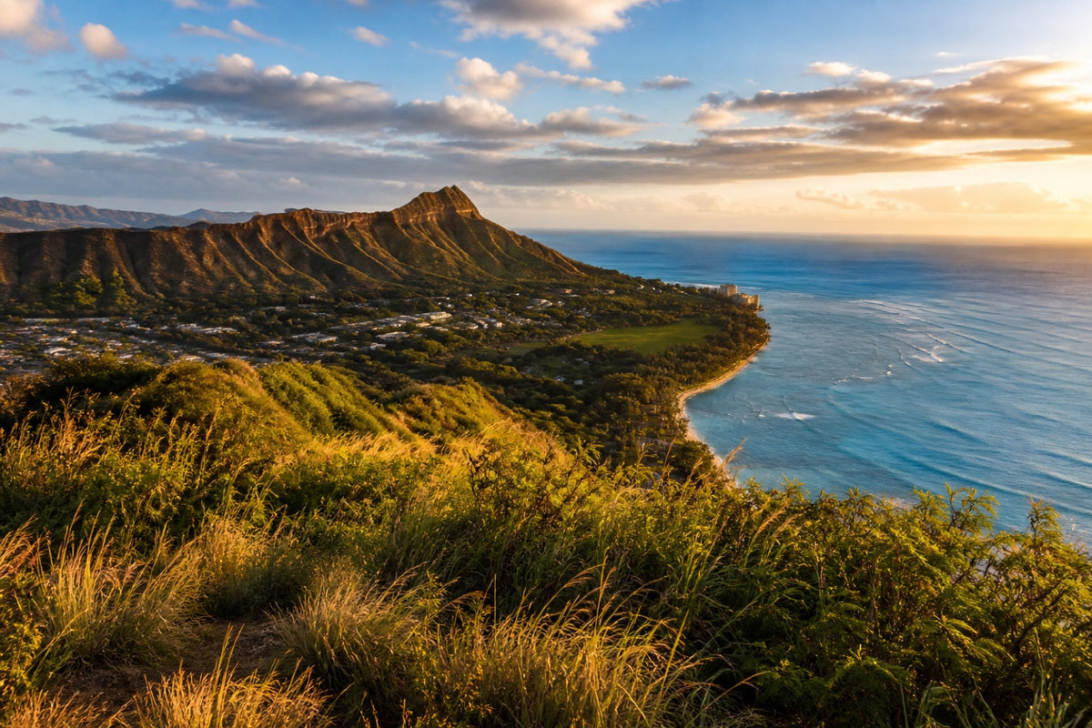 Diamond Head and the O‘ahu coastline in golden morning light.