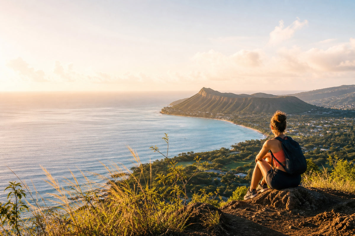Hiker overlooking Diamond Head and the Pacific at sunrise on O‘ahu.