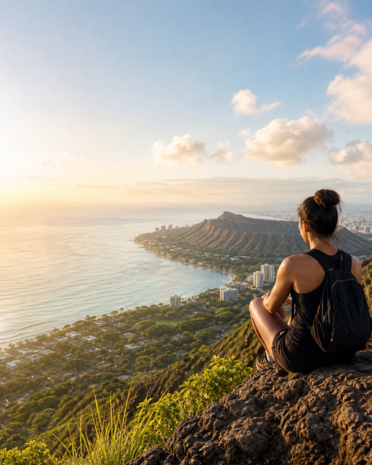Hiker overlooking Diamond Head and the Pacific at sunrise on O‘ahu.