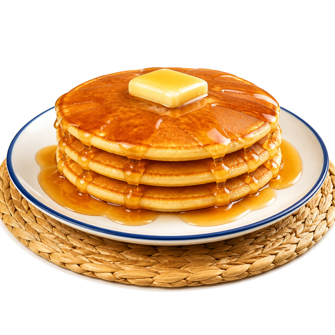 Stack of golden mochi pancakes with butter and syrup.