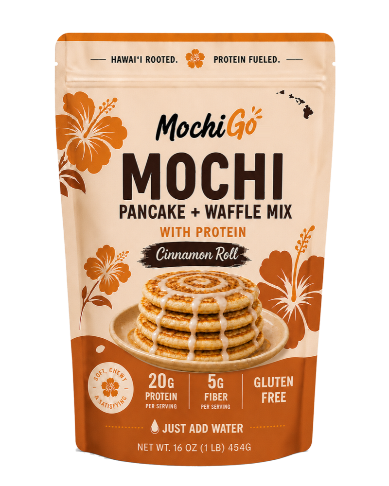 MochiGo Cinnamon Roll mochi pancake and waffle mix with protein pouch.