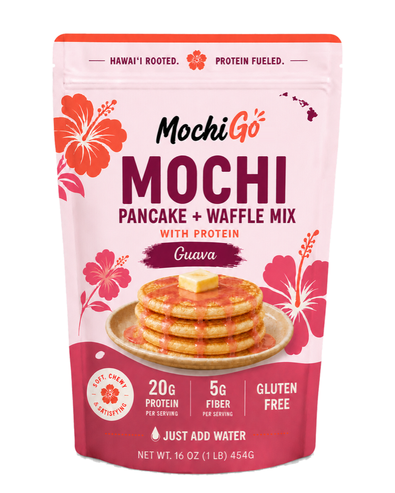 MochiGo Guava mochi pancake and waffle mix with protein pouch.