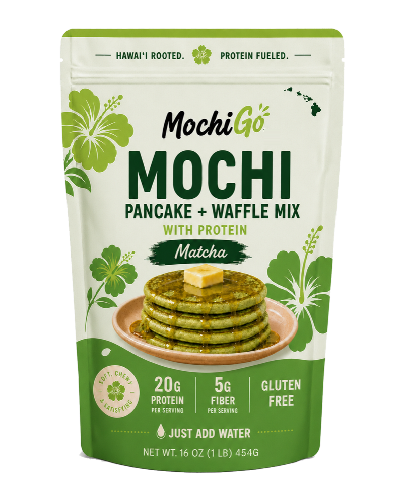 MochiGo Matcha mochi pancake and waffle mix with protein pouch.