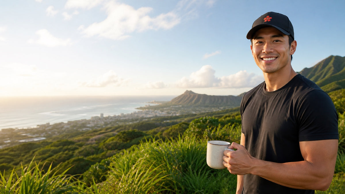 Smiling man with a mug of coffee overlooking Diamond Head in the morning.